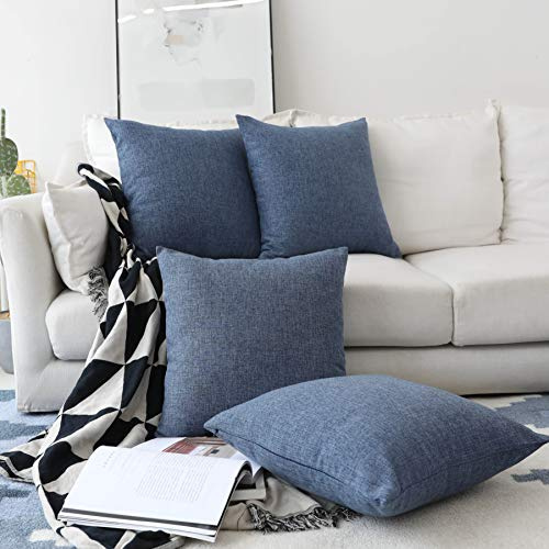 Home Brilliant Navy Cushion Covers Pillow Covers Pack of 4 Lined Linen Textured Decorative Throw Pillow Covers for Sofa Bed Chair, 45 cm, 18 inch, 4 Pcs, Navy Blue