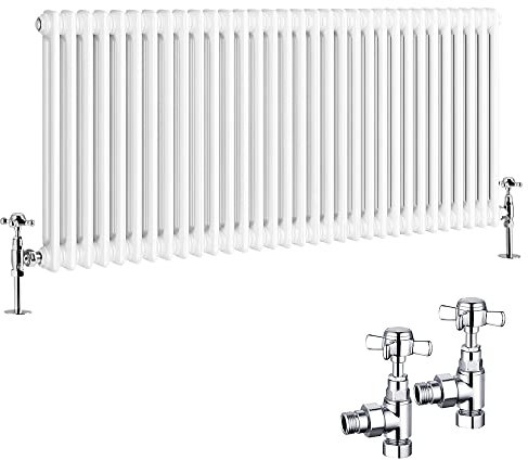 NRG Traditional Radiator 600 x 1460mm Horizontal Cast Iron Radiators Central Heating Gloss White Double Column with Angled Pair of Valves