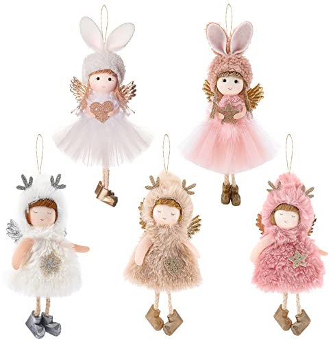 Aceshop 5PCS Christmas Angel Ornaments Christmas Tree Hanging Decorations Christmas Plush Elf Hanging Ornament Christmas Crafts Pendant Funny Dolls Ornament for Xmas Party Home Decor Kids Girl Gift