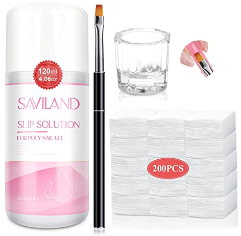 Saviland Slip Solution Kit - 120ML Anti-Stick Slip Solution för Poly Gel Nails &; Builder Nail Gel med nagelkonstborste, tar bort klibbigt lager av gel och rengöringsborste