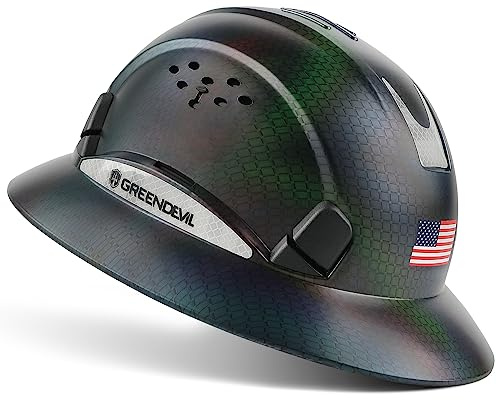 GREEN DEVIL Full Brim Hard Hat Vented Construction Safety Helmet OSHA Approved Cascos De Construccion ABS Work Hardhat for Men&Women 6 Point Adjustable Ratchet Suspension Custom Pattern Design