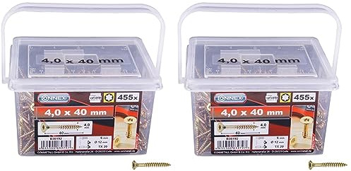 Connex Universalschrauben 4,0 x 40 mm - 455 Stück im Set - Senkkopf - TX-Antrieb - Teilgewinde - Gelb verzinkt/Schrauben-Set/Schrauben-Eimer / B30192 (Packung mit 2)