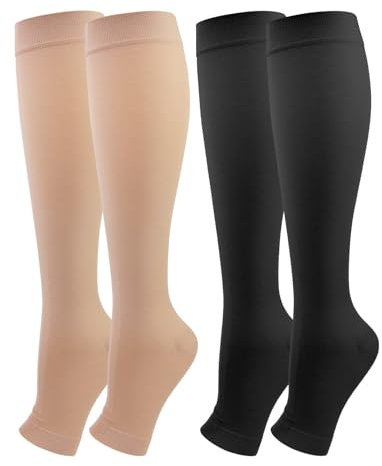 2 Pares Medias de Compresión Mujer y Hmbre Médicas Circulacion, 20-30 mmHg Clase 2, Calcetines Compresion con Punta Abierta para Varices, Edema, Vuelo (Negro+Beige, M)