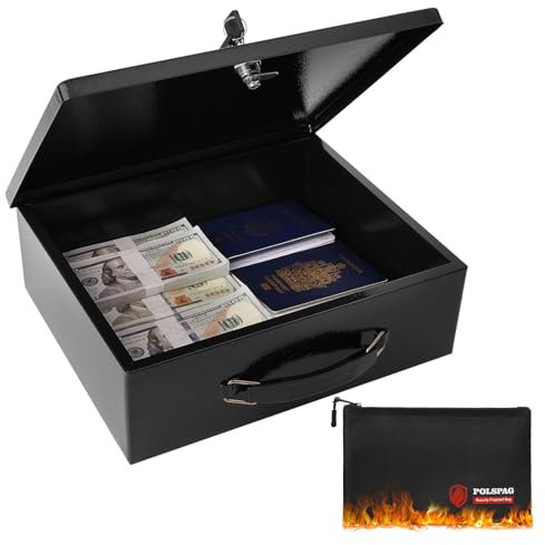 Feuerfeste Dokumentenbox mit Schlüsselschloss und feuerfester Geldtasche, sichere Aufbewahrungsbox für Wertsachen, Feuerwiderstandskiste, feuerfeste Box für Dokumente, Reisepass, extra groß (schwarz,
