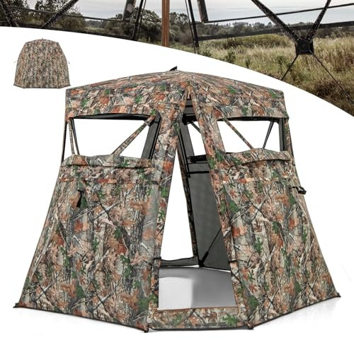 COSTWAY 3 Person Pop Up Hunting Blind, 270°/360° One Way See Through Camouflage Ground Tent with Carrying Bag, Hunting Blind Gear for Shooting Bird Watching (360° See Through, 2 Triangular Doors)