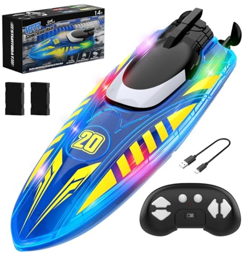 OBEST Bateau télécommandé Enfant, Bateau radiocommandé pour Enfants et Adultes, RC Bateaux, Retournement à 360° Bateaux telecommande avec Bande Lumineuse LED pour Piscines et Lacs