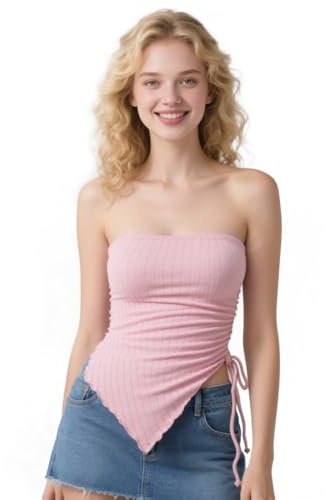 Top de tubo sin tirantes para mujer con deslizamiento lateral asimétrico estilo verano rosa S M L, Rosa., Tallaúnica