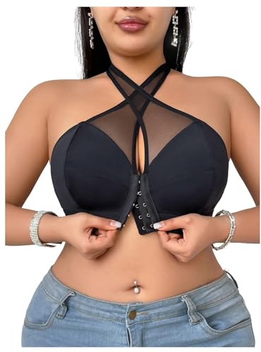 SOLY HUX Women's Plus Size Front Closure Halter Criss Cross Mesh Bras