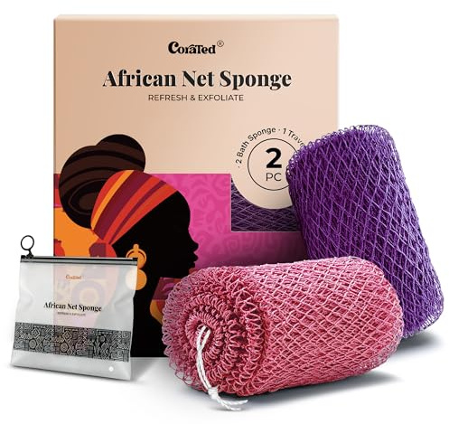 CORATED 2 Pièces de Filet à Bain Africain, Eponge à Bain pour l'Exfoliation du Corps, Gant à Exfolier le Dos – Produits de Nettoyage Beauté pour la Douche/SPA (Rose et Violet)