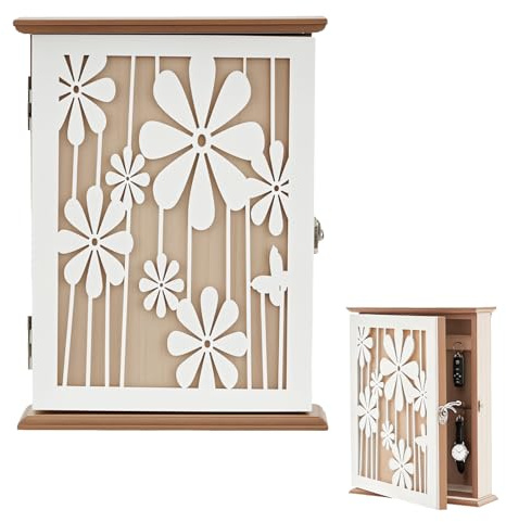 ZenTong Infi Caja Llaves Pared de Madera, Caja para Llaves Vintage mit Daisy Blumendekor con 6 Ganch Os 26×20×6cm para Entrada Pasillo Oficina (Blanco)