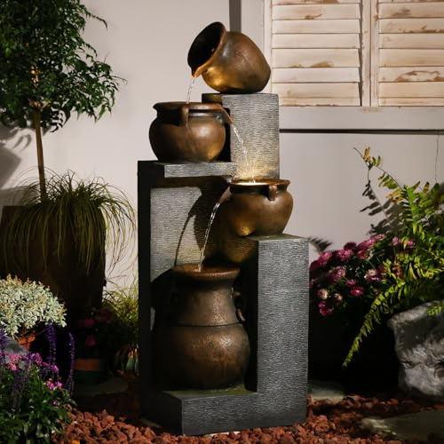 Bumilgar 135CM Large Water Fountain Outdoor-The 4 Cascading Modern Feature Crocks Garden Fountains and Waterfalls with Warm Lights for Porch, Deck, Patio, Backyard Home Decor (Gray)