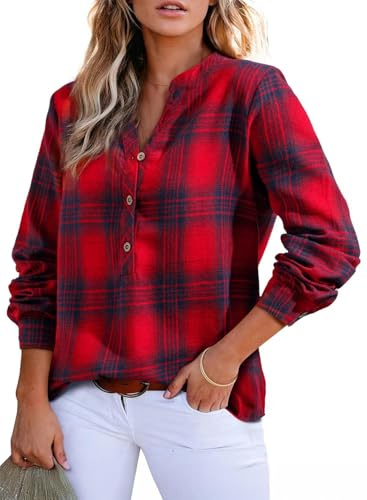 GRMLRPT Camicia Quadri Donna Blusa Camicia Flanella Manica Lunga Elegante Camicetta Classico Shirt Giacca Scozzese (Rosso,XXL)