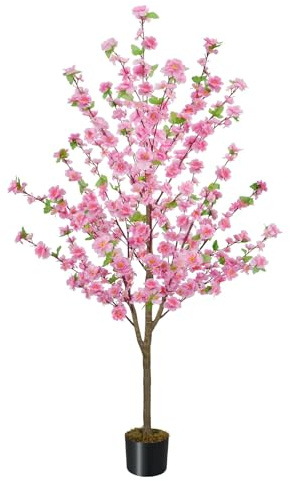 Zythrem 5FT Cherry Blossom Tree Faux Pink Cherry Blossom Tree Fake Pink Tree Silk Plant with Plastic Moss Pot Artificial Trees for Home Decor Indoor Living Room Entryway Bedroom Office Sakura Decor