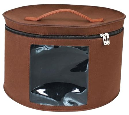 YunJove Caja Organizadora de Sombreros con Doble Cremallera y Ventana Transparente en Fieltro Resistente Apilable para Guardar Gorras y Bufandas, Marrón 40x26cm, Individual