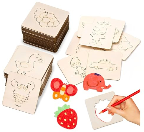 HMCEY 60 Stück Zeichenschablone Holz,Malschablonen Kinder,Kreide Schablonen Aus Holz,Stencil Schablonen Klein Textilgestaltung,Malvorlagen für Kleinkinder,Painting Stencils Wooden für Diy Handwerk