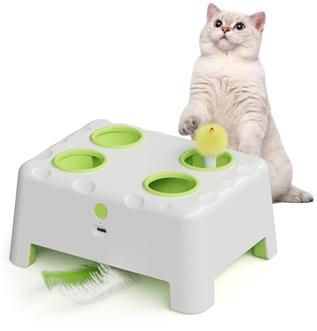 HAPPYCODE Magic House Interactive Cat Toy with 3 Modes, Rechargeable Whack-a-Mole Feather Toy for Indoor Cats, 4 Holes & 4 Accessories