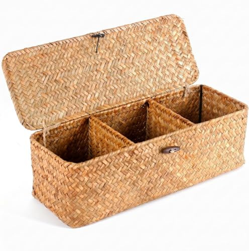Dexpally Cesta de Almacenamiento de Hierba Marina con Tapa, 3 Cuadrículas Cesta de Mimbre Tejida Rectangular para Escritorio, Caja Organizadora para Baño, Sala de Estar