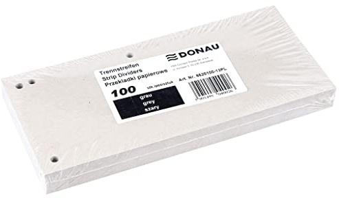 DONAU 100-pack skiljeränder/färg: Grå/1/3 A4 tillverkad av 190 g/m² återvunnen kartong/4-håls hål/23,5 x 10,5 cm/perforerad/skiljeblad mapp register separationsflikar/tillverkad i EU