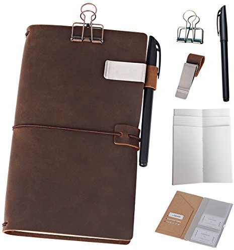 Nachfüllbar Leder Tagebuch Reisende Notebook - 11 x 21cm Tagebuch mit 5 Einsätze + Stiftehalter und Binder Clip, Standard Größe, braun