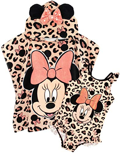 Disney Minnie Mouse Girl’s Swimsuit & One Size Hooded Towel Poncho Set | Kids Swimming Costume | Children’s Bath Towel with 3D Ears Gift Pink