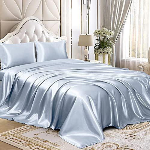 Homiest Twin Baby Blue Deep Pocket Satin Sheets, 3-Piece