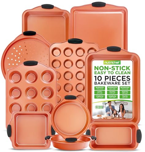 NutriChef Non-Stick Bakeware Set 10-Piece , Premium Carbon Steel Baking Pans with Silicone Handles, Includes Cookie Sheets, Cake, Pizza and Roasting Pans, Non-Toxic Kitchen Cookware Set, Copper
