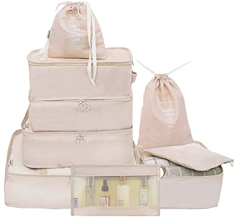 Belsmi Reise Kleidertaschen Set 9-teilig Reisetasche in Koffer Reisegepäck Organizer Kompression Taschen Kofferorganizer Mit Schuhbeutel (Beige)