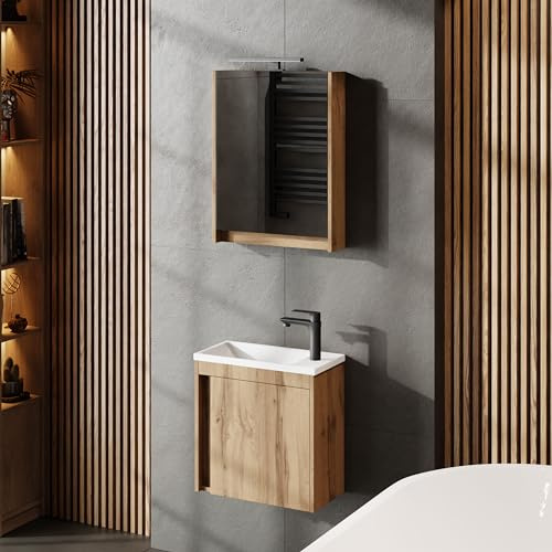 Planetmöbel Conjunto de Muebles de baño de 3 Piezas Lavabo con Mueble bajo Lavabo 50 x 48,3 x 24,8 cm Wotan Roble, Armario con Espejo 50 x 65 x 11,4 cm con lámpara LED empotrada