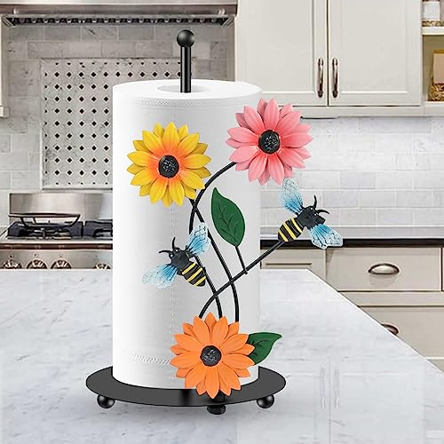 Kitchen Roll Holder Sunflower Paper Towel Holder Metal Free Standing Kitchen Towel Rack Non Slip Countertop Organizer for Home Decoration (Bee)