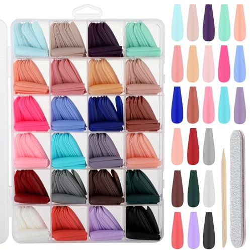 Andibro 576 Pezzi Tinta Unita Unghie Artificiali - 24 Colori Opachi, Lunghezza Media, Bara per Spingere le Unghie, Ballerina Full Cover Press On Nails Kit (B)