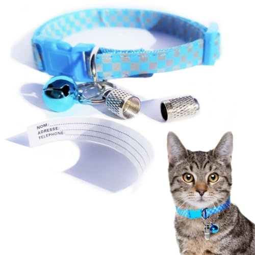 Collier Chat Anti-Étranglement Réfléchissant Bleu à Carreaux Waldoly Sérénité, Collier Chat avec Étui Détachable pour Étiquette Personnalisée avec Nom, Adresse et Téléphone, Clochette-Grelot Amovible