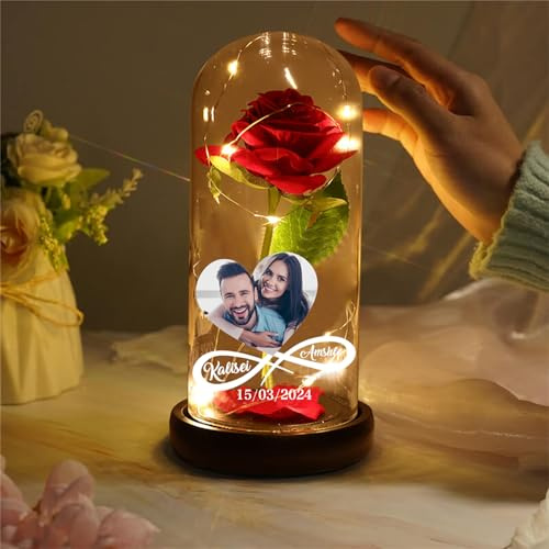 Smallduuck Custom Infinity Heart Photo Eternal Flower Night Light Rose in A Glass Dome with Personalized Photo Rose Gift for Her Anniversary Valentine's Day Mother's Day Birthday Engagement Wedding