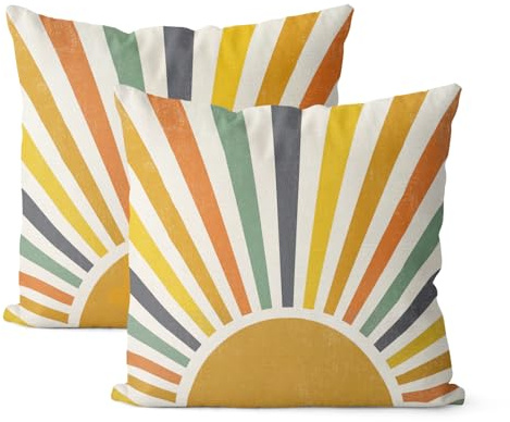 JEFERSO Summer Pillow Covers 18x18 Inch Set of 2, Stripes Yellow Sunshine Decorations Outdoor Throw Pillows Boho Summer Rainbow Sun Pillowcase Linen Decor Cute Farmhouse Cushion Case for Home Bedroom