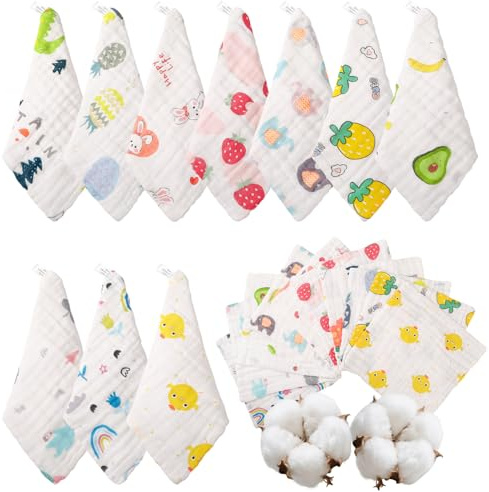 saerryor 10PCS Cotton Muslin Squares for Baby, 25 * 25cm Extra Soft Reusable Baby Wash Cloths, 6 Layers Organic Cotton Baby Towels Burp Cloths with Printed Design for Newborn