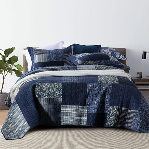Qucover Couvre-lit patchwork king size, couleurs mixtes bleu foncé gris – couvre-lit matelassé, véritable patchwork vintage et élégant, 100 % coton, couvre-lit king size fait main avec 2 taies