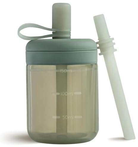 Moonkie Silicone Baby Straw Cup for Toddlers Transition: Leak-Resistant Design for Less Mess - Baby Water Bottle with Soft Silicone Straw - 2 Flow Options - Dishwasher Safe - 150ml, 1 Pack(Sage)
