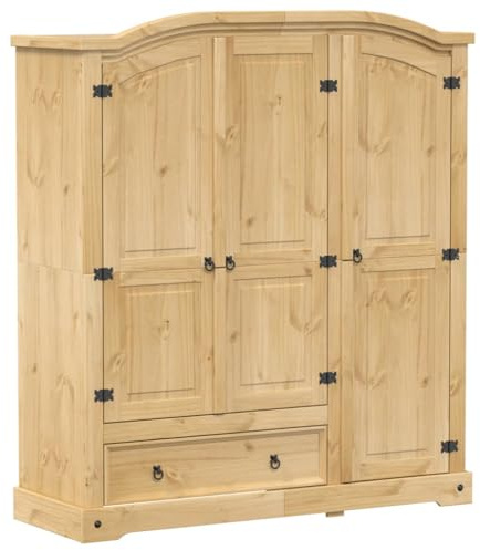 vidaXL Armadio in legno di pino massello, finitura a cera miele, armadio per camera da letto con ripiani, binario, cassetto, maniglie in metallo, marrone, 151,5 x 52 x 170 cm