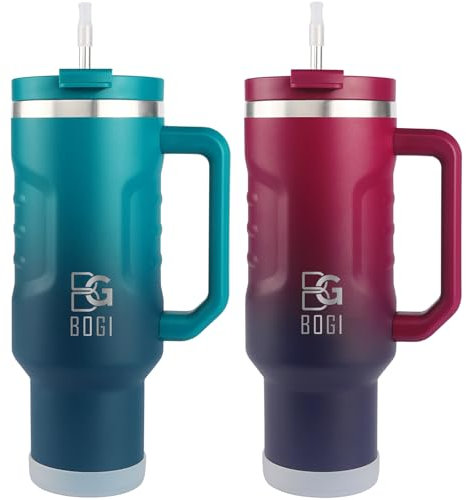 BOGI 2-Pack Becher mit Griff und Strohhalm, 2-in-1-Deckel, Edelstahlbecher mit Deckel und Strohhalm, auslaufsicher, isoliert, wiederverwendbar, Reise-Kaffeebecher, Becherhalter