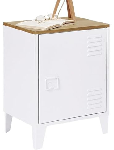 IDMarket – Mesita de noche Ester con 1 puerta de metal, color blanco, bandeja de haya, diseño industrial