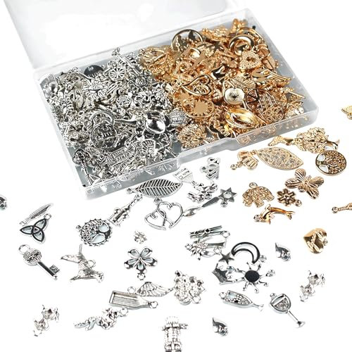 FINEASY 200 Stück Charms Anhänger für Armbänder, Gemischte Anhänger für DIY Schmuck, Halsketten, Ohrringe und Vintage Bastelprojekte (Silber & Gold)