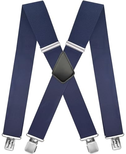 Nistere Tirantes anchos y resistentes para hombre y mujer, clips extra fuertes, 5 cm de ancho, elásticos ajustables en forma de X, robustos y versátiles para trabajo y ocio, azul marino oscuro