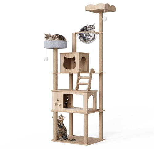 Mondeer Cat Tree, 184 cm Large Cat Towers with 11 Scratching Posts, 2 Cat Houses, 1 Transparent Space Capsule, Ladder, 2 Perches, Wooden Multi-Level Cat Tree for Indoor Cats