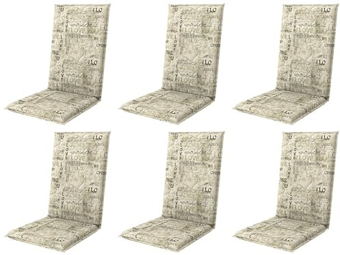 Gardissimo 6er Set Hochlehner 8613 beige grau mit Schrift, Gartenstuhlauflagen 120 x 50 x 8 cm Auflagen Polsterauflagen UV-Lichtecht Stuhlauflagen Sitzauflagen