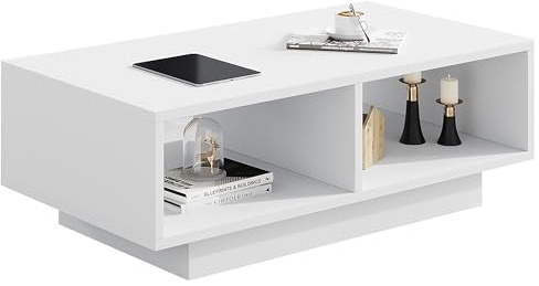 SHOWHA Tavolino Bianco, Tavolo da Salotto, Moderno e Elegante Tavolo da Caffè Rettangolare con 2 Ripiani Aperti, Tavolo Laterale Rettangolare per Soggiorno, per Camera da Letto e Ufficio, 90x48x31 cm