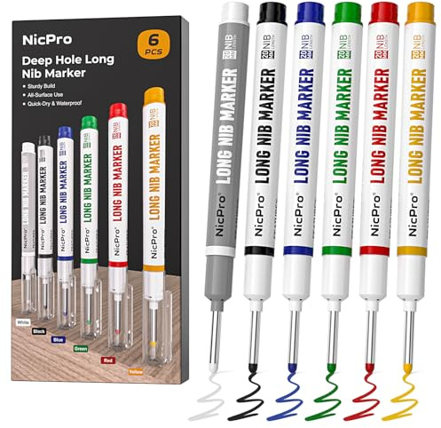 Nicpro 6 PCS Long Nib Marker Pens, 20mm Deep Hole Marker, Quick Dry & Waterproof Construction Markers, Long Head Markers for Metal, Steel, Tile, Glass, Carpenter Marking Pen for Woodworking (Colorful)