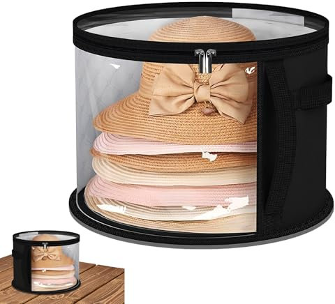 Hat Boxes With Lids, 42x26.5cm Large Capacity Hat Storage Organizer with Zip, Foldable Sunhat Box for Travel and Home Use, Durable Fabric Storage Cap Box Fits Various Hats Styles (Black)