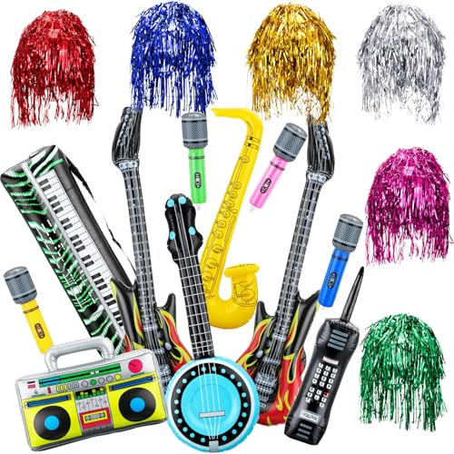 LaRandom Set di 12 strumenti gonfiabili e 6 parrucche per chitarra, sassofono, microfono, telefono cellulare, per feste di carnevale anni '80 e '90