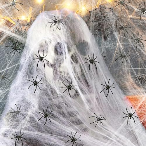 Spetsbst Halloweendekoration utomhus, 300 g spindelnät, halloweendekoration med 100 konstgjorda spindlar, 1 500 kvm, supertöjbar, för inomhus/utomhus, karneval, fest, hus, trädgård, spökhus, fönster