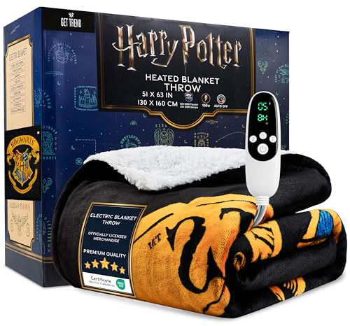Harry Potter värmefilt singel, 130 x 160 cm, mysig sherpa-fleece, 9 nivåer, elektrisk värmare med 12 timmars automatisk avstängning, presentidé (svart Harry Potter, EU-lansering)