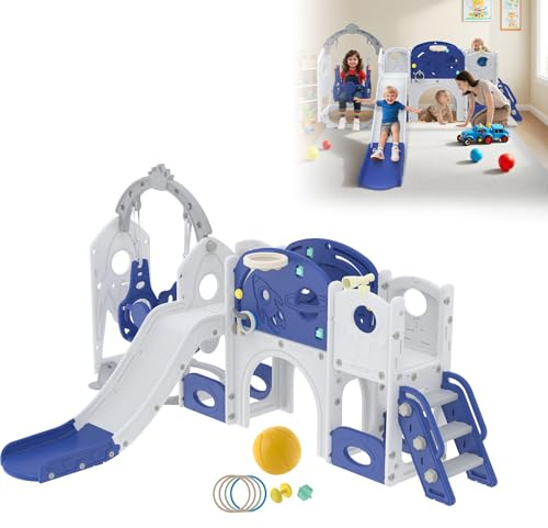 ACXIN Scivolo per bambini con altalena, tunnel, nascondiglio e cestino da basket, autoportante, per interni ed esterni, in HDPE + plastica PP, blu, bianco, 245 x 154 x 119 cm, fino a 50 kg